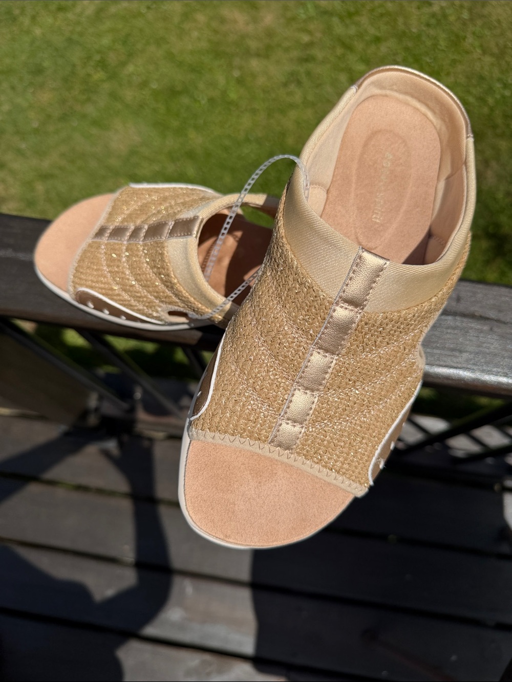 Easy Spirit Neutral Beige and gold Woven Slide Sandals